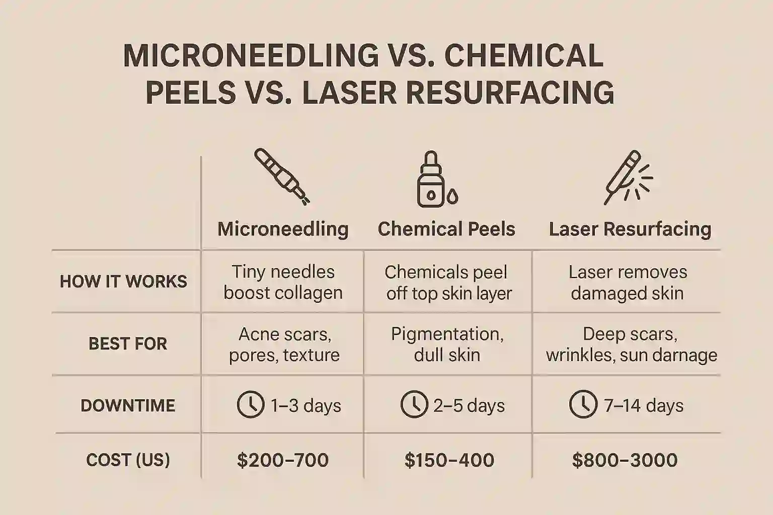 microneedling vs chemical peel vs laser resurfacing