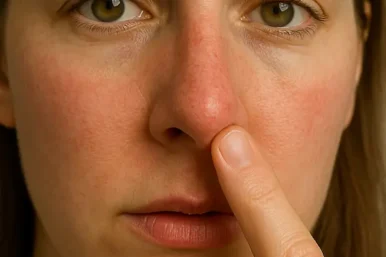 Visible blood vessels (especially on cheeks and nose)