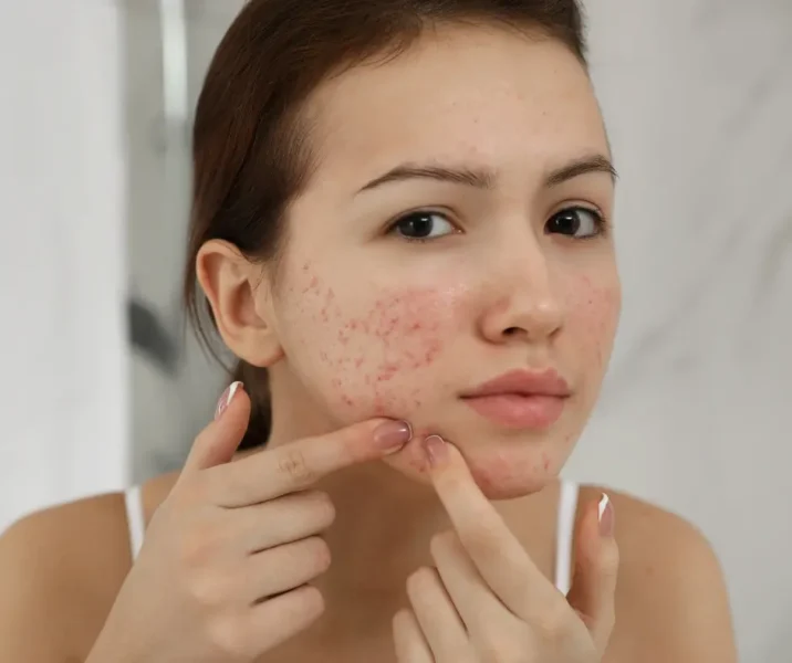 woman with acne prone skin with acne scars