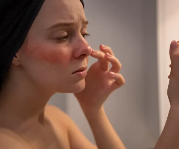 woman looking at her rosacea redness on her face